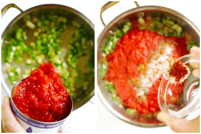 Steps to add crushed tomatoes and spices to Ranchero Sauce