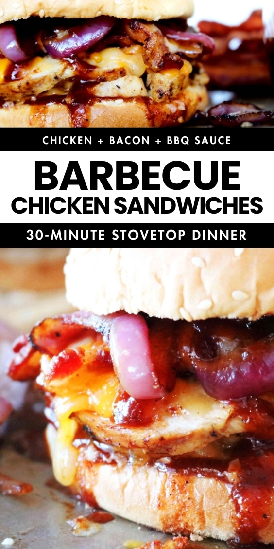 Close-up of a stacked BBQ chicken sandwich on a sesame bun with melted Colby Jack cheese, glazed chicken, crispy bacon, sautéed red onions, and glossy barbecue sauce dripping down the sides.