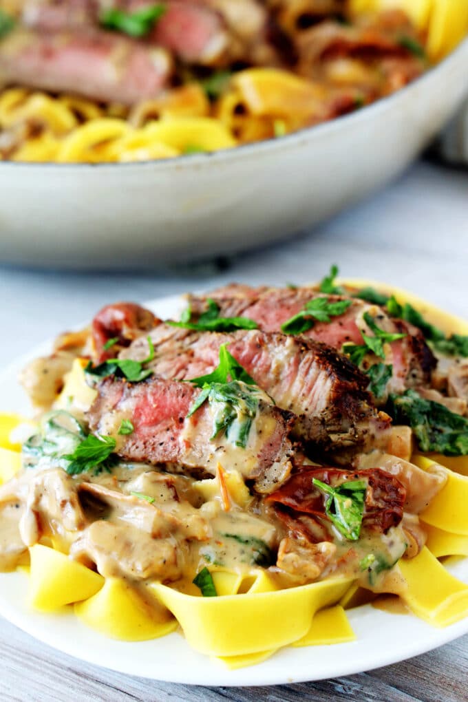 Steak pasta on a white plate with a white braiser behind it. 