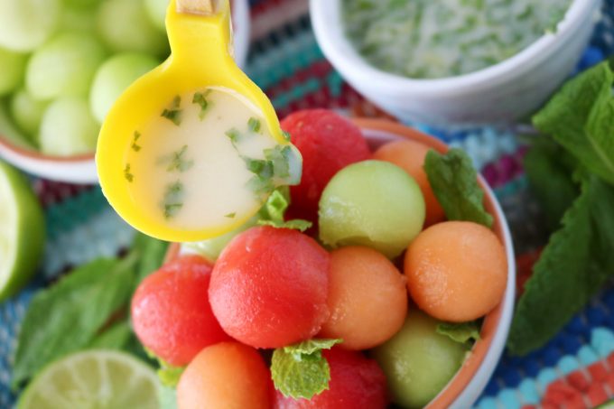 An overhead shot of Melon Ball Fruit Salad. 