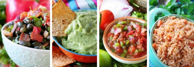 Pictures of suggested enchilada Side Dishes. The first picture is a bowl of black beans. The second one is guacamole salsa. The third is a fresh salsa in a bowl. The last picture is a bowl of spanish rice in a teal bowl. 
