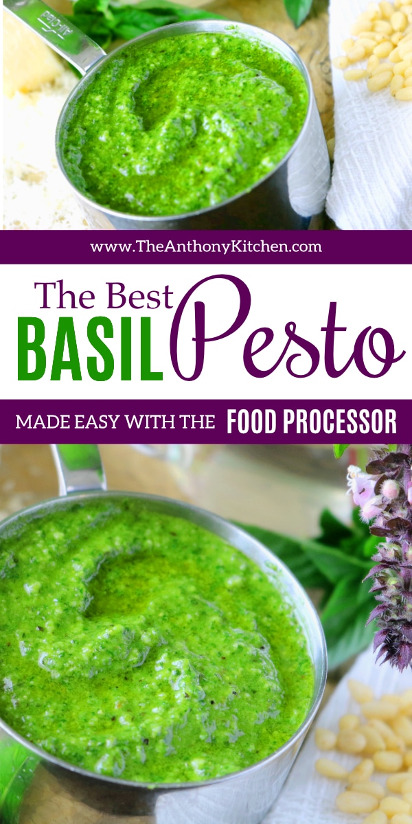 Pinterest image of Easy Basil Pesto with Pine Nuts. 