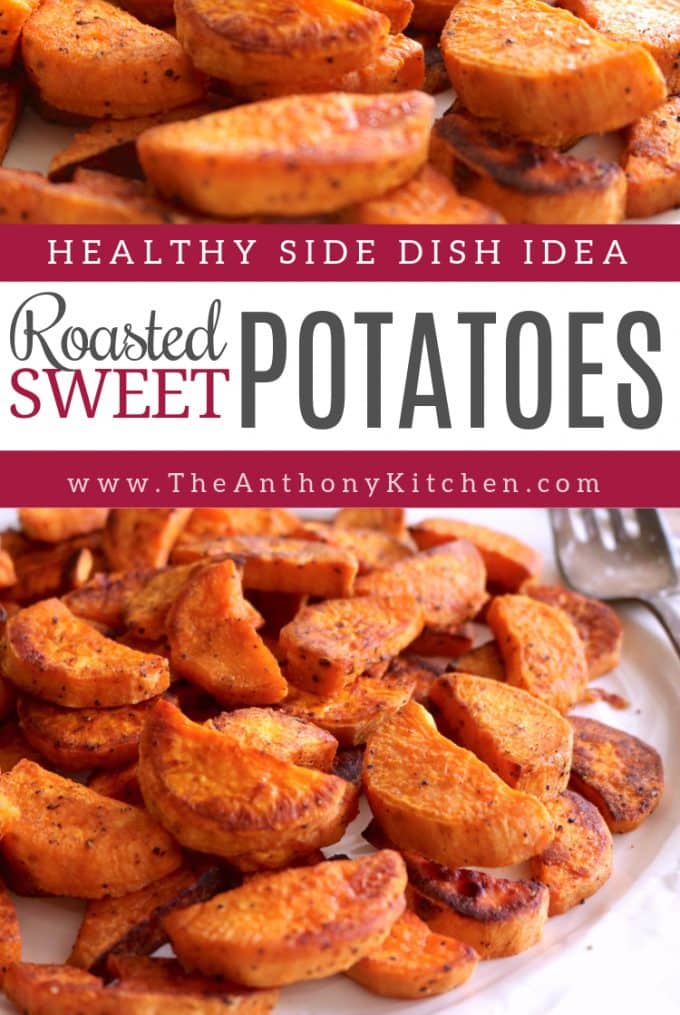 Pinterest image of roasted sweet potatoes