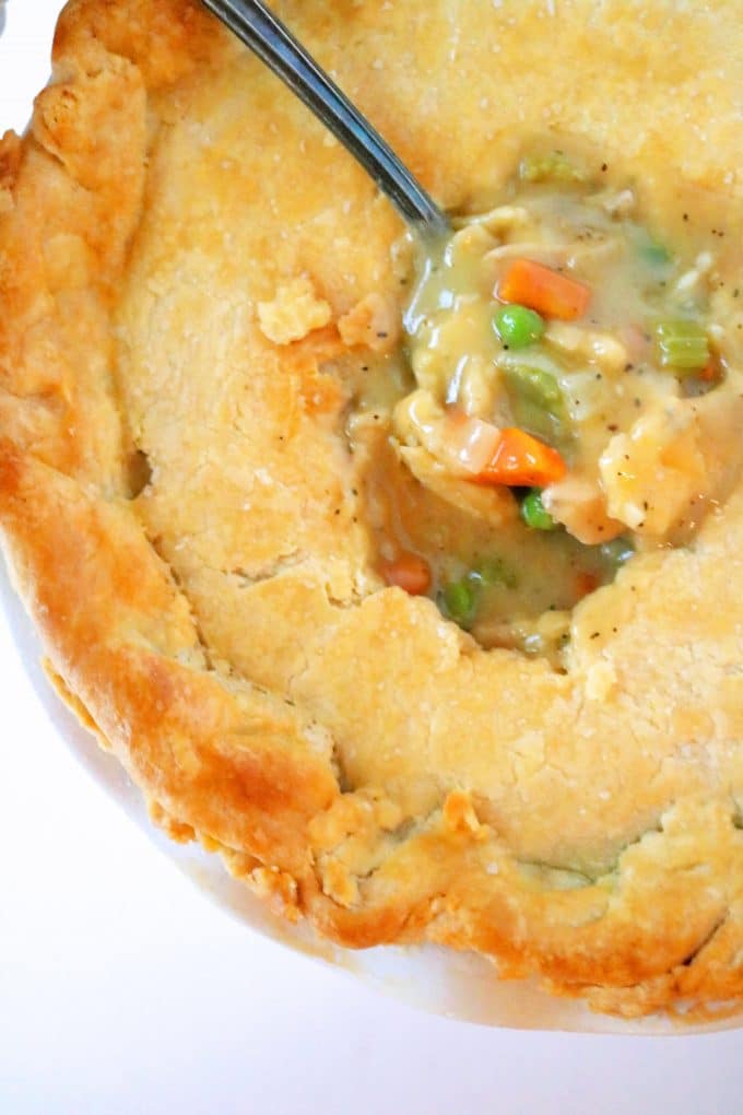 An overhead shot of chicken pot pie -- an example of double crust pie.