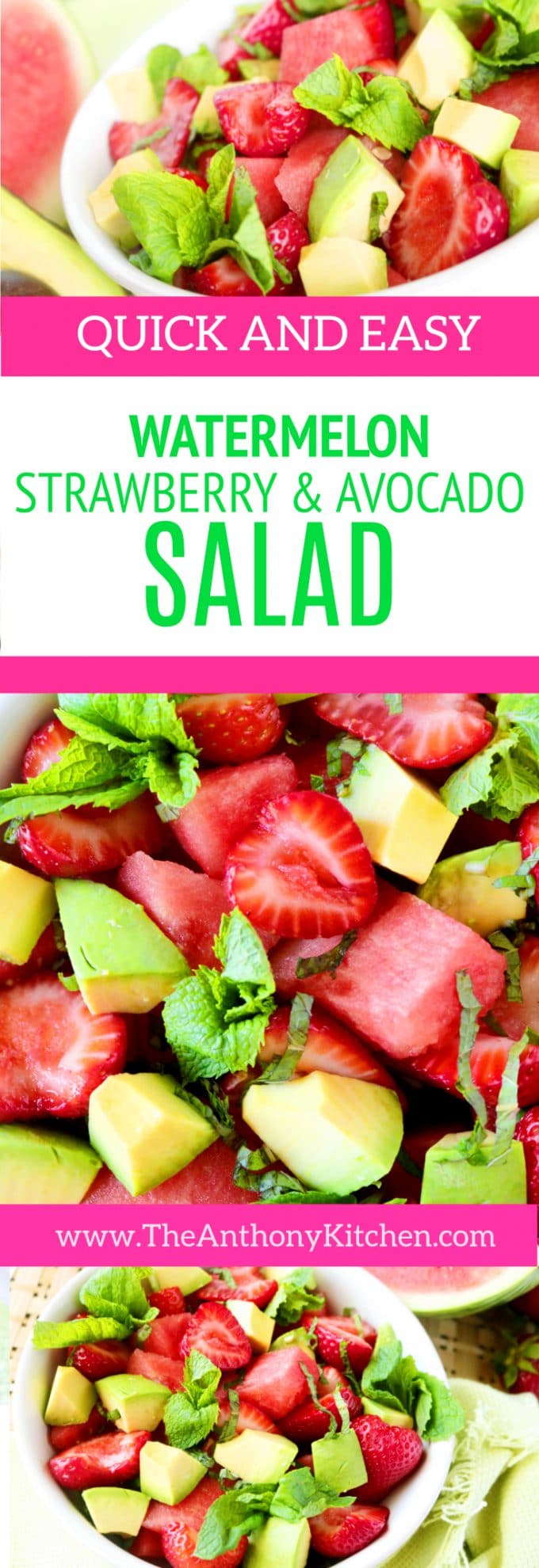Pinterest image of WATERMELON STRAWBERRY AVOCADO SALAD