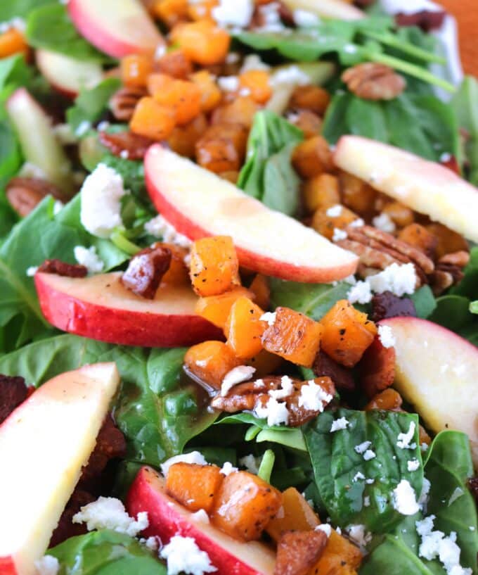 A close up shot of roasted butternut squash and apple salad with crumbled goat cheese and toasted pecans. 