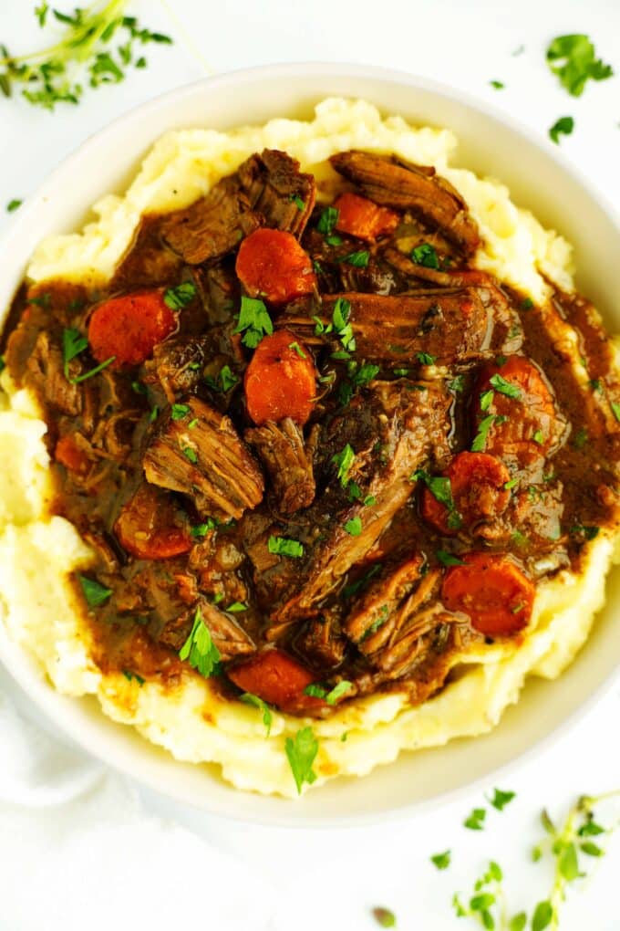 Dutch oven pot roast with mashed potatoes