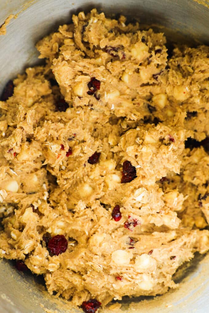 The Oatmeal Cranberry Cookie dough all ready to be scooped onto a baking sheet.