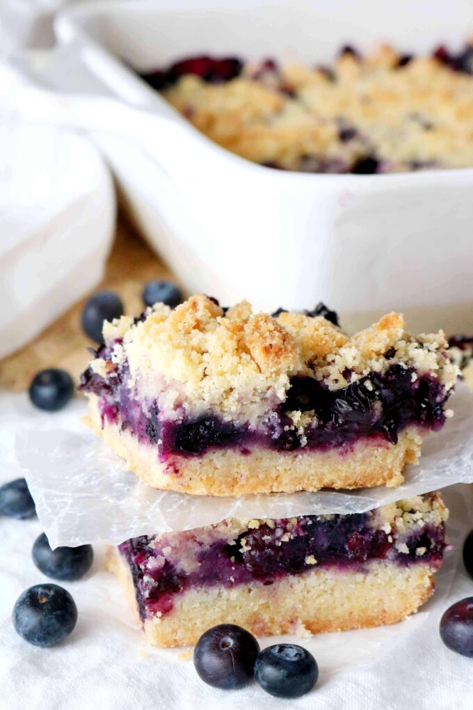 Two Blueberry Bars stacked on top of each other with a piece of parchment paper in between them. There are blueberries scattered around the bars. 