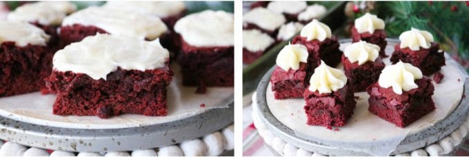Two pictures and the one on the left is a close up of a red velvet brownie with cream cheese frosting. The right picture has red velvet brownie squares topped with cream cheese frosting. 