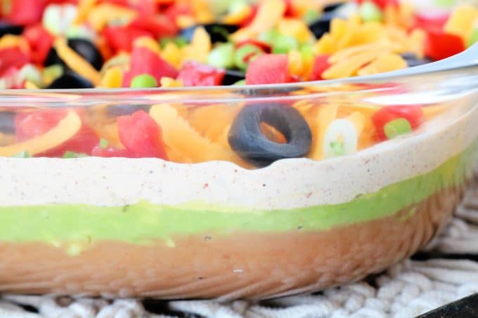 A side view showcasing the layers in this Mexican Layer Dip. 