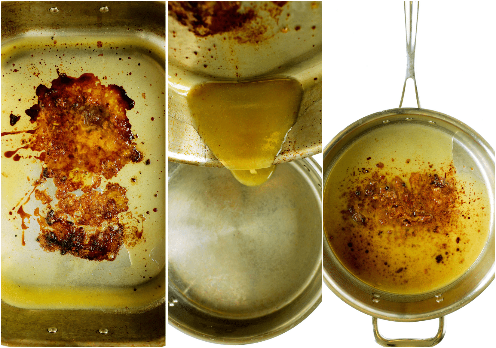Pouring prime rib drippings into a pot