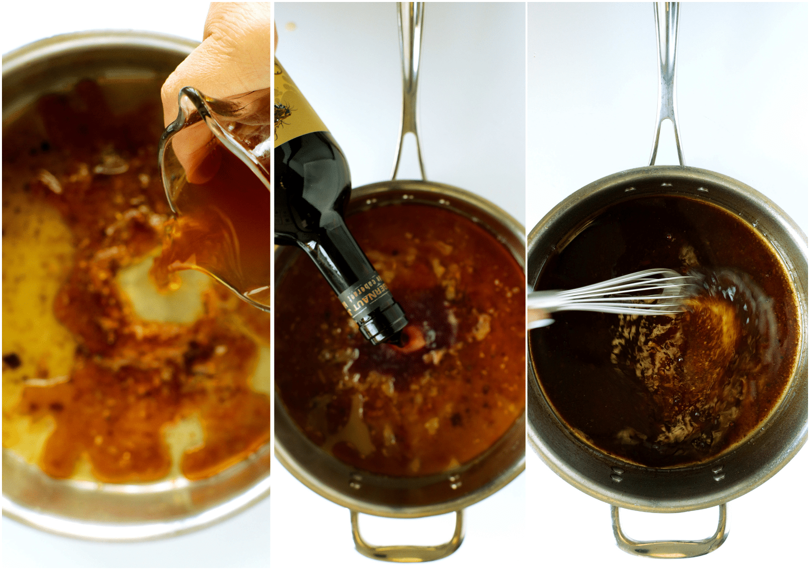 Adding ingredients to prime rib juices to make au jus sauce