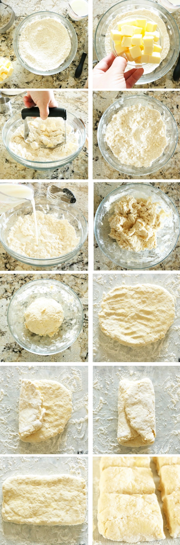 A collage of pictures showing the steps to making the homemade buttermilk biscuit dough. 