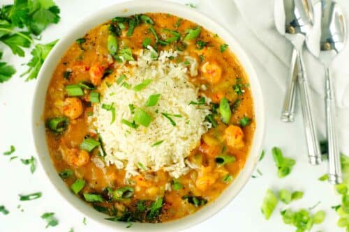 Overhead shot of crawfish etouffee with rice and garnish