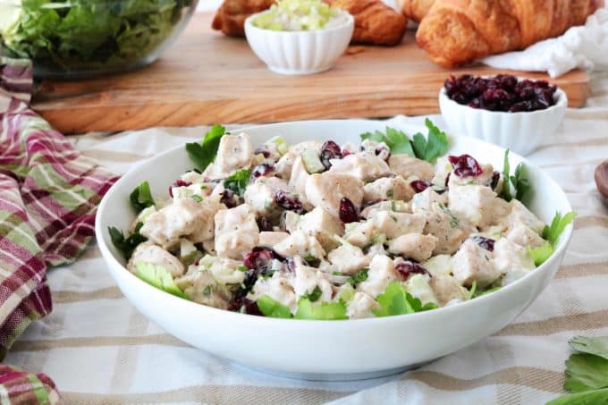 Turkey Salad served in a white bowl. 