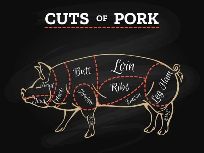An image of a pig that shows the different cuts of pork. 