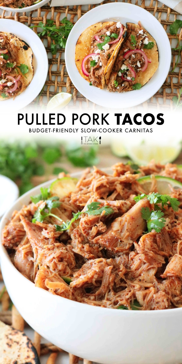 Image for Pinterest. Pulled pork meat in a bowl topped with cilantro. There is another photo above that of a pulled pork taco assembled.