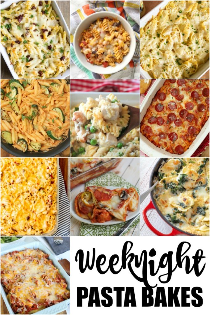 A collage of pictures of weeknight pasta bake recipes. 