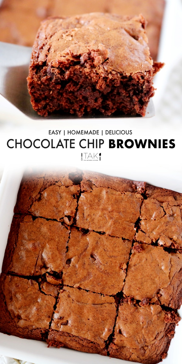 Image for Pinterest. Overhead shot of chocolate chip brownies in a baking dish cut into six even squares.