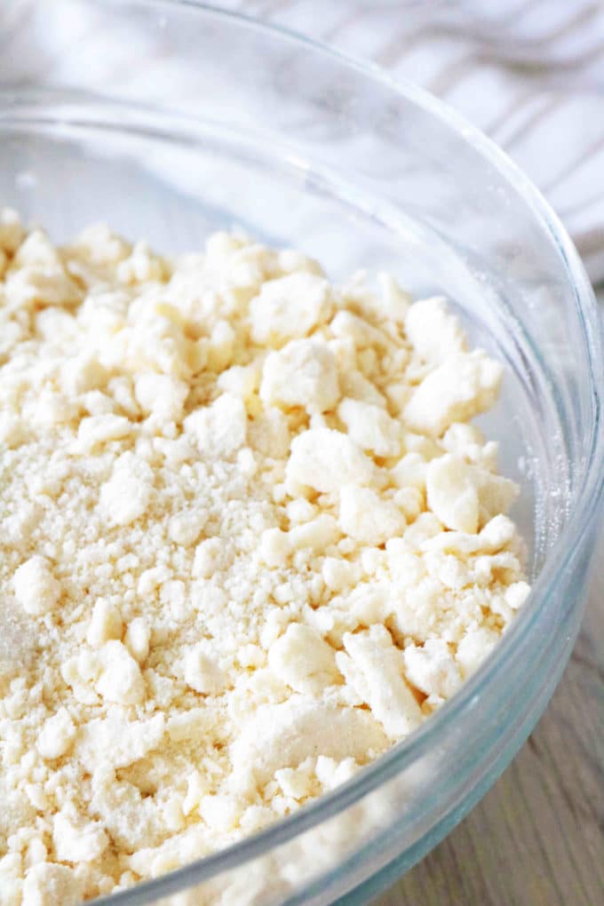 Pie crust in the stage where the butter and shortening has been broken up into pea-sized pieces.
