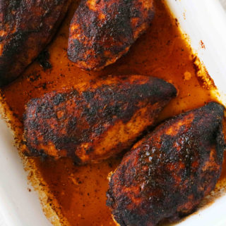 An overhead shot of Blackened Chicken Breasts in a pan.