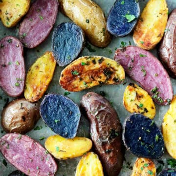 Fingerling potatoes roasted and sprinkled with parsley.
