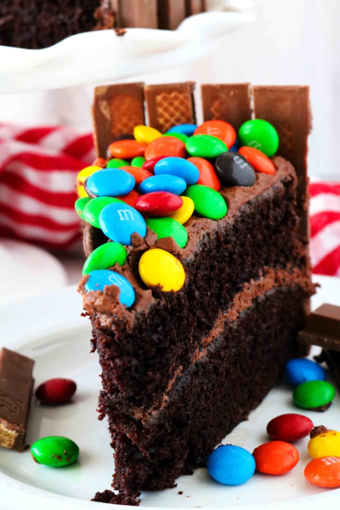 A close up shot of a slice of KitKat Cake on a plate, surrounded by M&Ms.