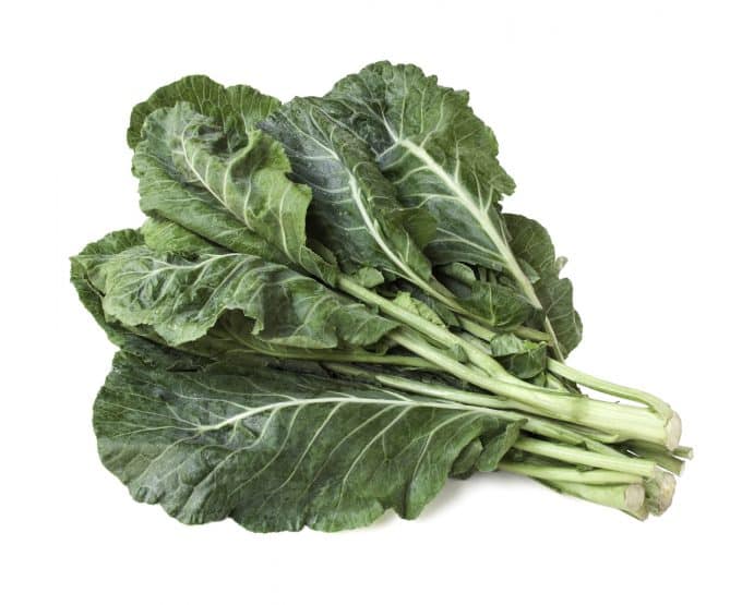 A bundle of uncooked collard greens.