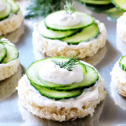 A close up shot of a cucumber sandwich