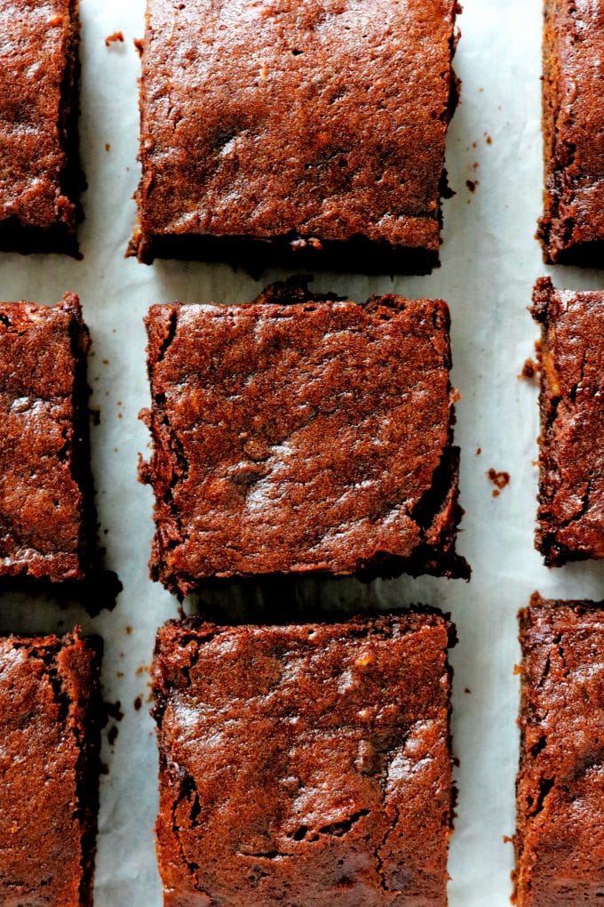 Overhead shot of banana brownies cut into squares.