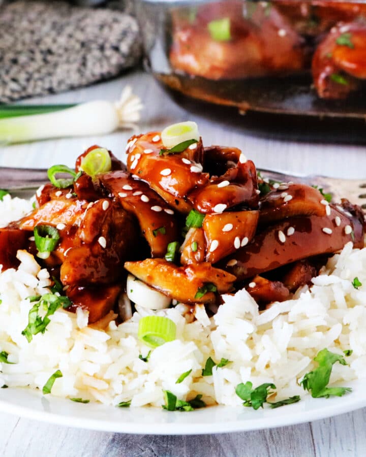 Baked Teriyaki Chicken over white rice on a plate with a casserole dish in the background.