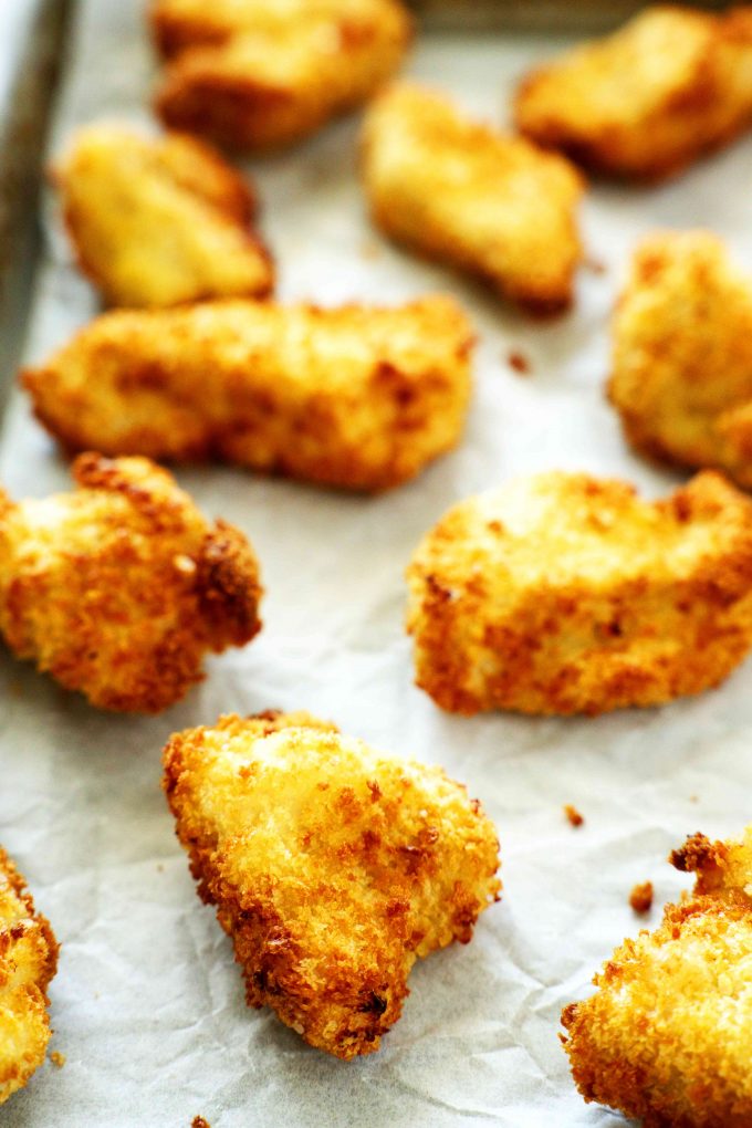 Air Fryer Chicken Nuggets on a sheet pan.