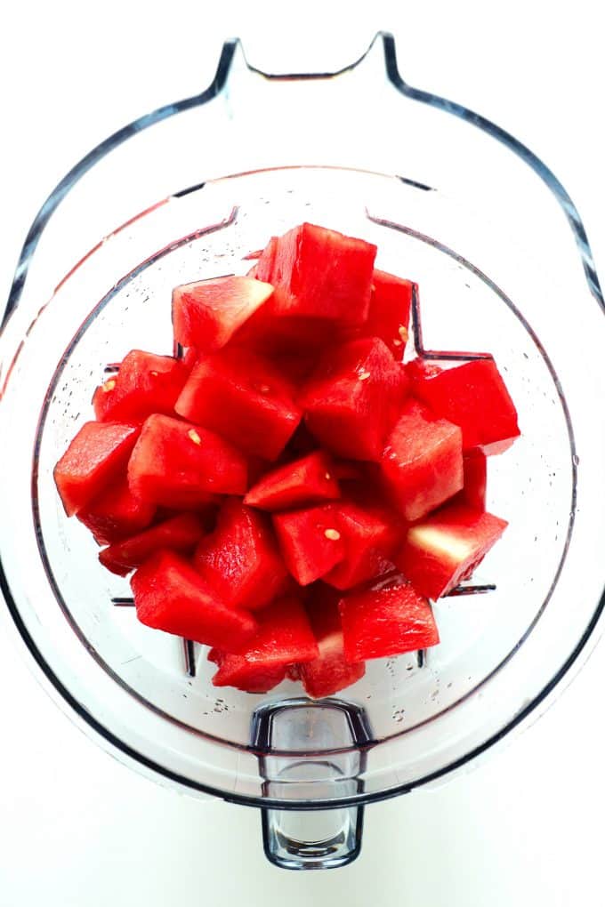 Watermelon cubes in a blender.