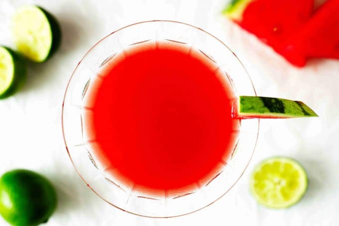 An overhead, close up shot of a watermelon martini.