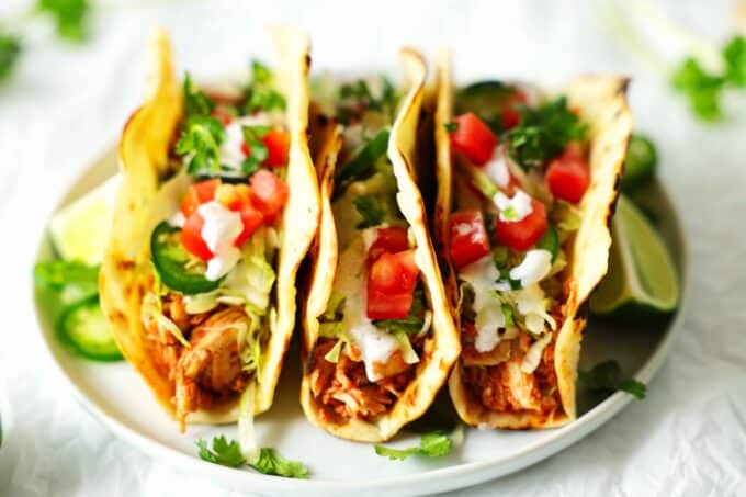Three shredded chicken tacos on a plate surrounded by cilantro sprigs and sliced jalapenos. The tacos are topped with sliced jalapenos, sour cream, pico de gallo, and cilantro.