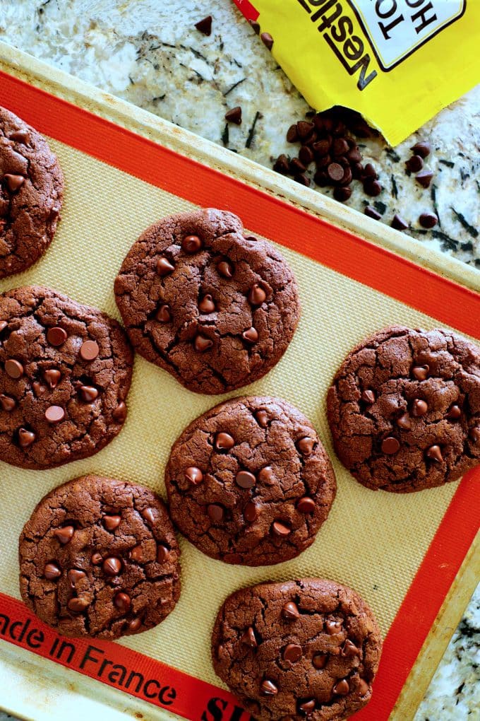 Chocolate Chocolate Chip Cookies on a baking sheet.