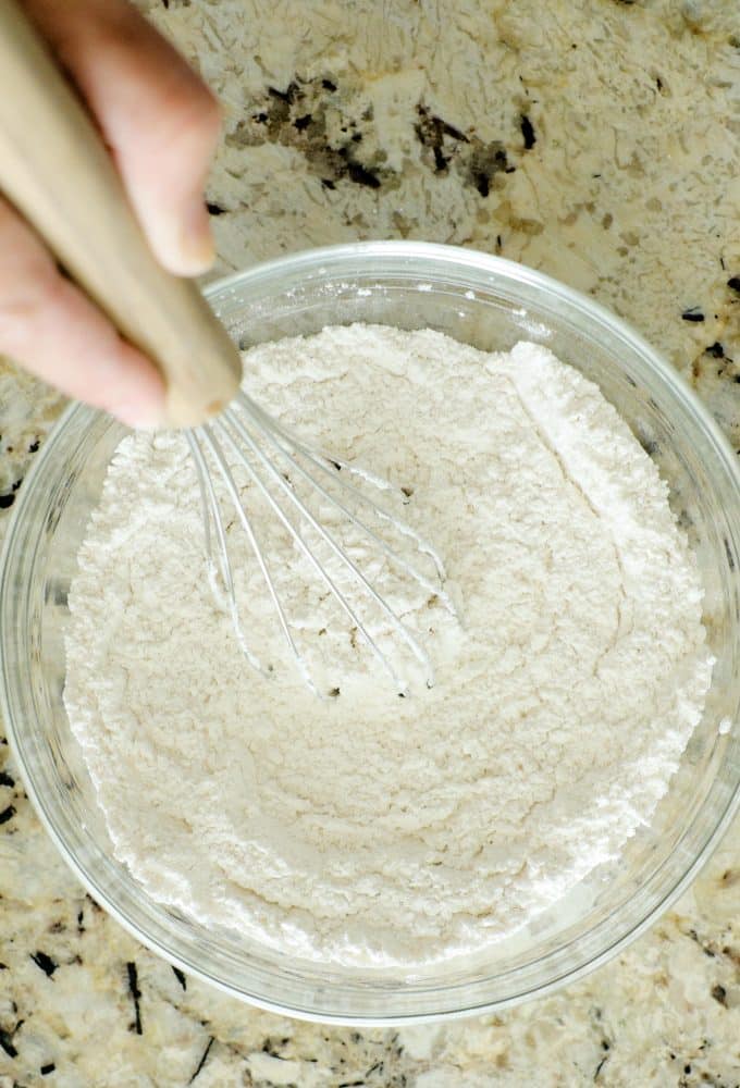 Dry ingredients being whisked together.