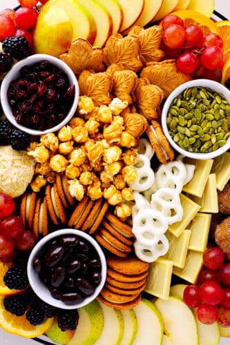And overhead, close up shot of a fully assembled dessert charcuterie board.