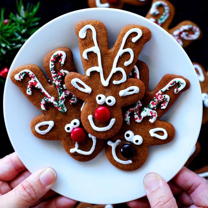 A hand holding reindeer cookies on a white plate.