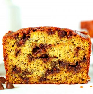 A close up of chocolate chip banana bread sliced.