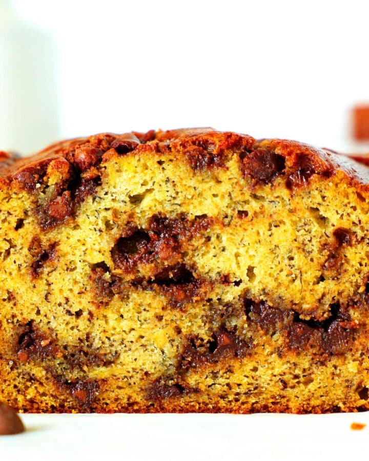 A close up of chocolate chip banana bread sliced.