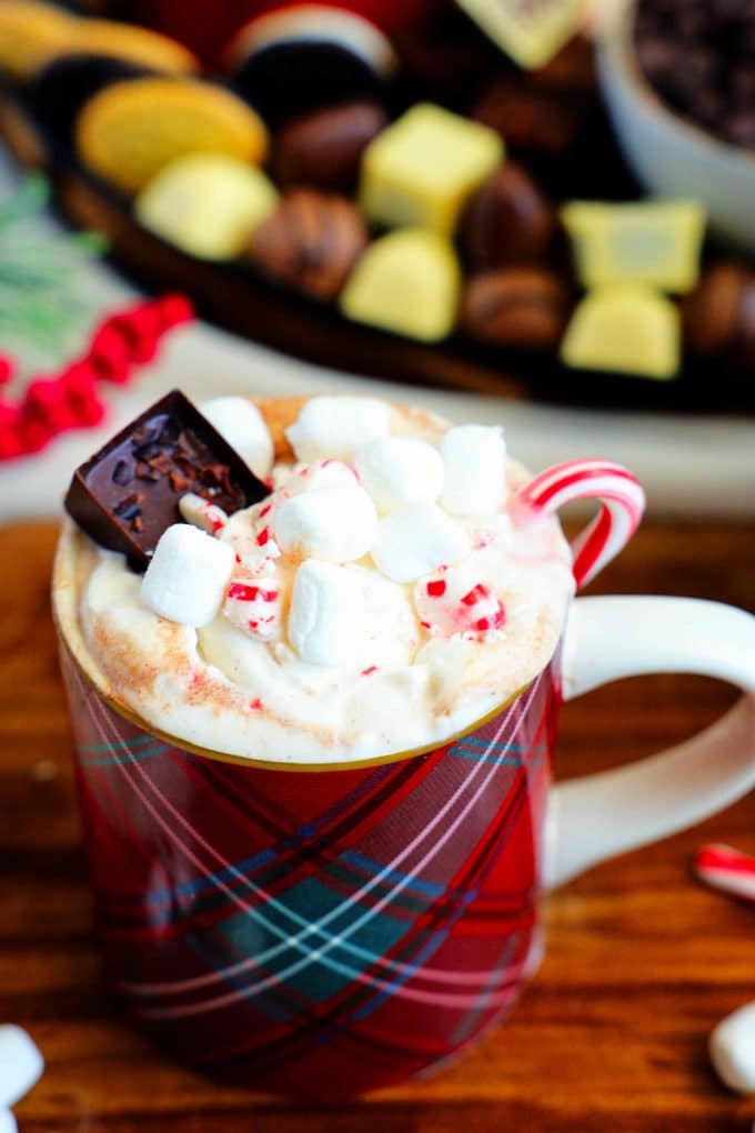 Hot chocolate and a mug topped with whipped cream and marshmallows.
