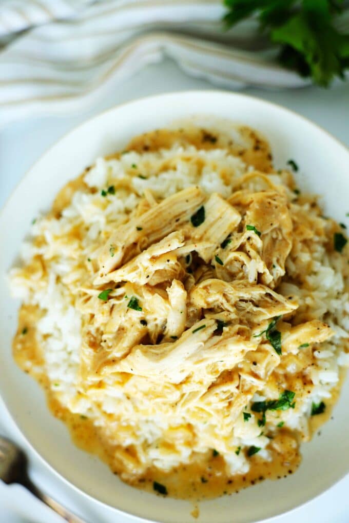 overhead view of chicken and gravy over rice