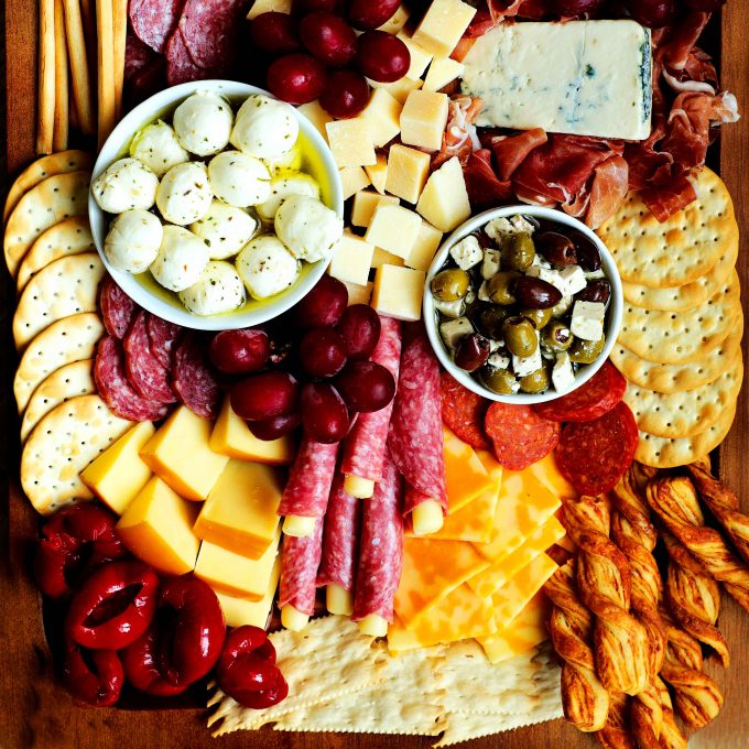 An overhead shot featuring different selections of meat you can use on charcuterie board.