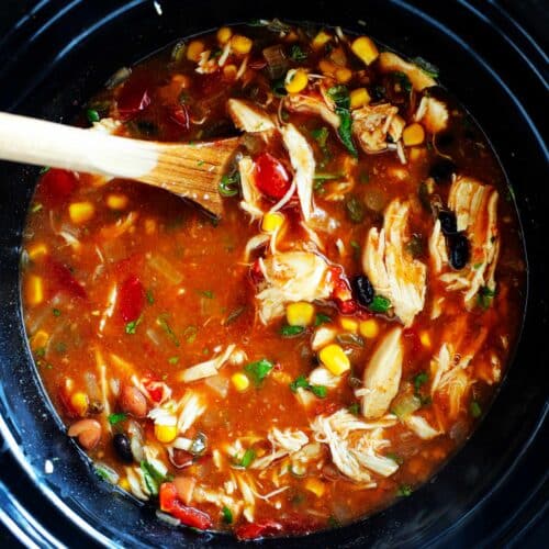 overhead shot of chicken taco soup in a crockpot
