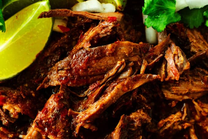 very close up shot of shredded beef birria with cilantro and a lime wedge