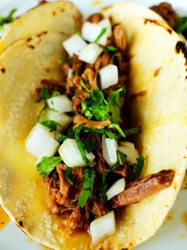 A close up of a taco de Barbacoa with cilantro and onions on top