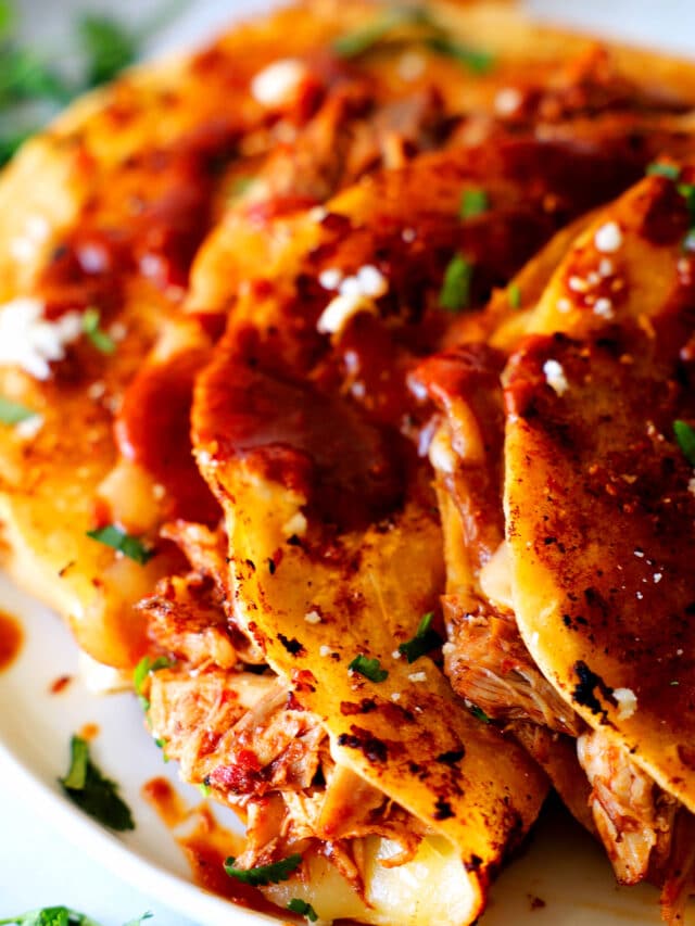 Chicken Birria Tacos on a plate with guajillo sauce