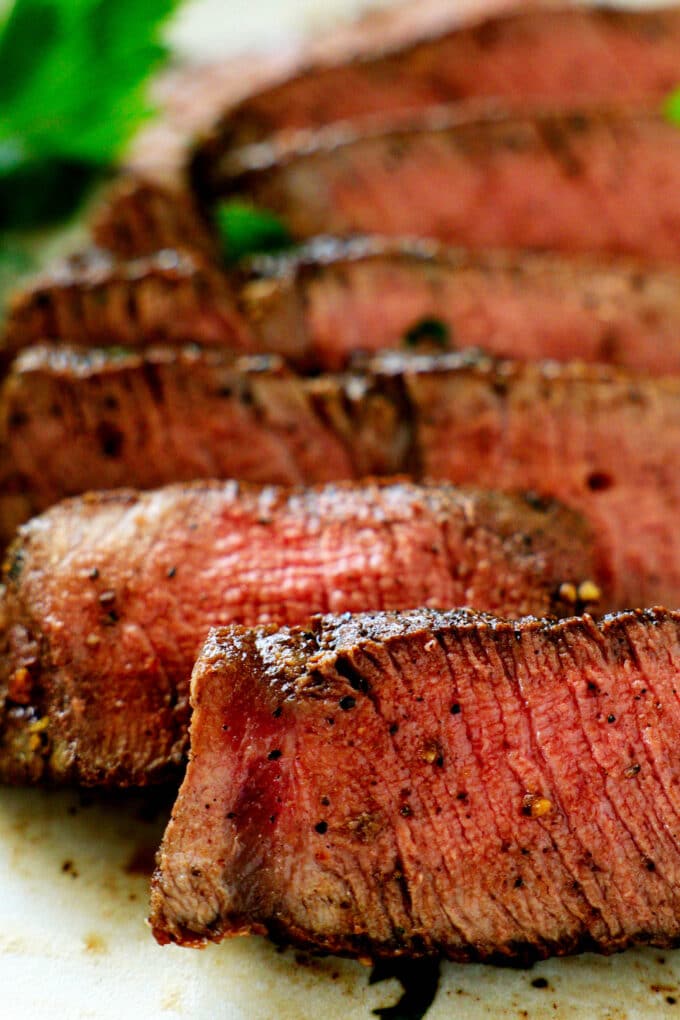 a side angle looking at a rare sliced filet